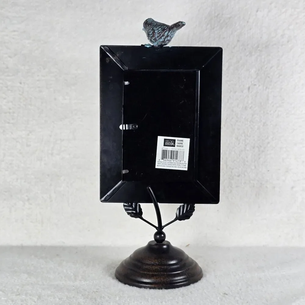 Antique Style Metal Photo Frame With a Bird & Flower On Top Rustic Distressed